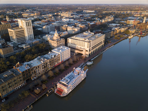 Aerial view of historic River Street and downtown Savannah, Georgia.