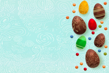 Fototapeta na wymiar Easter background. Template vector card with realistic 3d render eggs, candies. Copyspace for your text. Doodles hand drawn elements pattern.