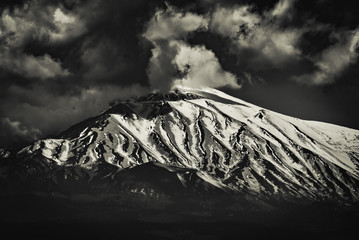 Black and white image of Mount Etna, Sicily