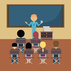 Classroom with female teacher standing at the board  and students in class, colorful design. vector illustration