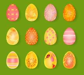 Happy Easter. Set of Easter eggs with different texture. 3d render realistic vector illustration. Spring holiday design.