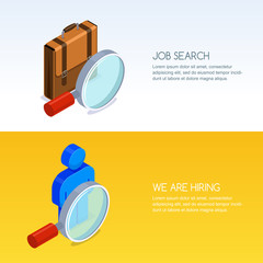 Fototapeta na wymiar Recruitment, human resources and job seeking concept. Vector banner set with 3d isometric illustration of magnifier, briefcase and man silhouette. Business staff hiring icons.