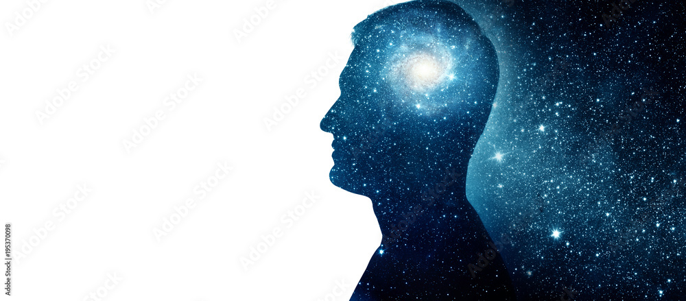 Wall mural the universe within. silhouette of a man with the space as a brain. the concept on scientific and ph