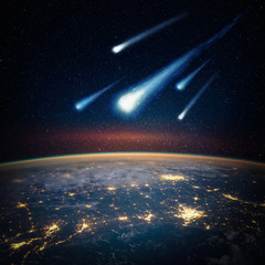 Falling meteorite, asteroid, comet on Earth. Elements of this image furnished by NASA. - obrazy, fototapety, plakaty