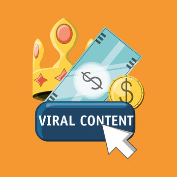 Viral content with money bill and crown over orange background, colorful design. vector illustration