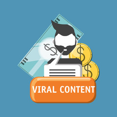Viral content design with avatar man and money coins and bill over blue background, colorful design. vector illustration