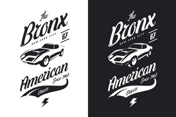 American muscle car black and white isolated vector tee-shirt logo. 
Premium quality sport vehicle logotype t-shirt emblem illustration. Bronx, New York street wear hipster retro tee print design.