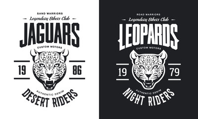 Naklejka premium Vintage furious leopard custom motors club t-shirt black and white isolated vector logo. Premium quality bikers band logotype tee-shirt emblem illustration. 