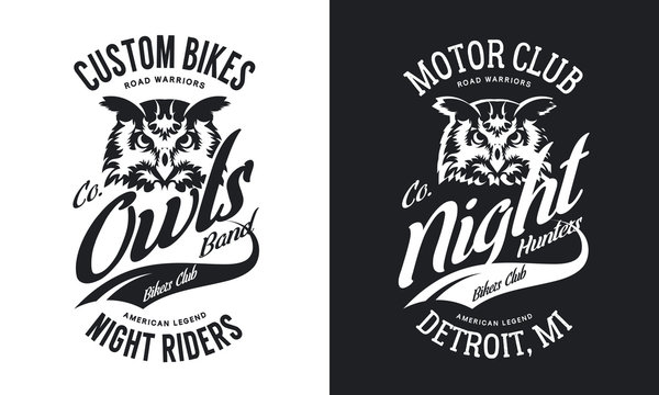 Vintage bikers club t-shirt black and white isolated vector logo.
Premium quality owl bird night hunter logotype tee-shirt emblem illustration. 