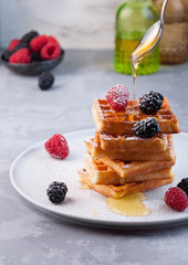 Morning belgium waffles with honey