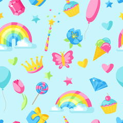 Seamless pattern with fantasy and birthday party items