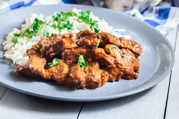 Beef Stroganoff served with rice