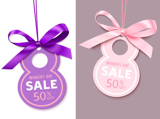 8 March. Hapy Womens day. International Women's day sale tag with pink and  purple bow for your design. Vector set of holiday discount labels