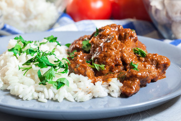 Beef Stroganoff served with rice