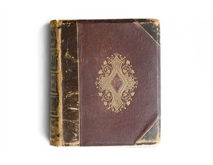 Antique book or novel with story titles on spine. Weathered leather cover of a thick vintage book.