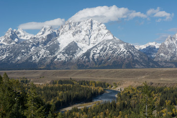 Snake river with snowy mountains in the background