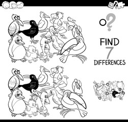 find differences game with birds coloring book