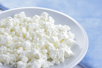 Cheese, fresh cottage cheese on a white plate, goat curd and blue napkin, dairy product on a light background, French breakfast, food, protein diet, healthy food, minimalism in food, health