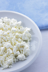 Cheese, fresh cottage cheese on a white plate, goat curd and blue napkin, dairy product on a light background, French breakfast, food, protein diet, healthy food, minimalism in food, health