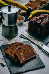 Chocolate banana bread. Morning breakfast with coffee and cake.