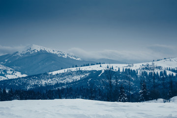 Fototapeta na wymiar Beautiful winter view in Carpathian mountains, Ukraine, mountain panoramic landscape
