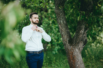 stylish. bearded groom in a butterfly posing in the Park. Rustic hipster portrait.