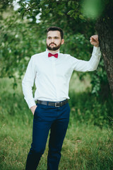 stylish. bearded groom in a butterfly posing in the Park. Rustic hipster portrait.