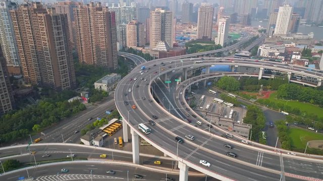 SHANGHAI, CHINA - MAY 5, 2017: Aerial view of Nanpu bridge highway junction, modern architecture