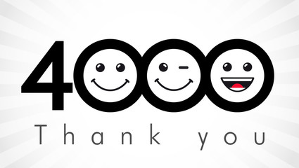 Thank you 4000 followers numbers. Congratulating black and white thanks, image for net friends in two 2 colors, customers likes, % percent off discount. Round isolated emoji smiling people faces. - obrazy, fototapety, plakaty
