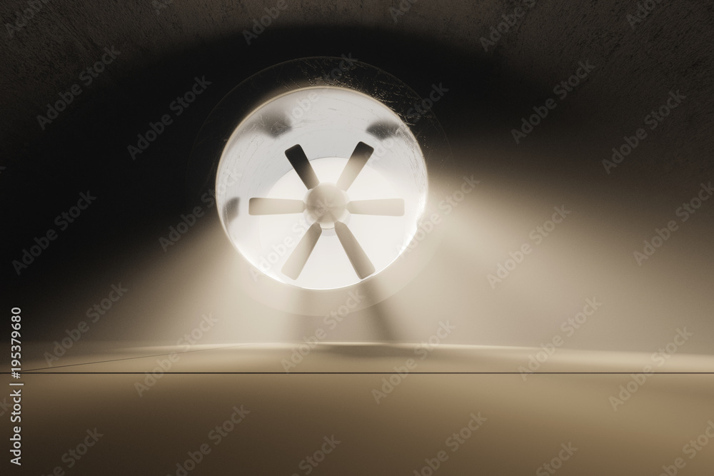 Aufkleber 3d rendering of ventilation system with light rays in concrete garage