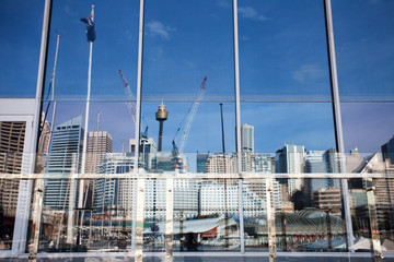 window reflection of Sydney skyline in Australia 