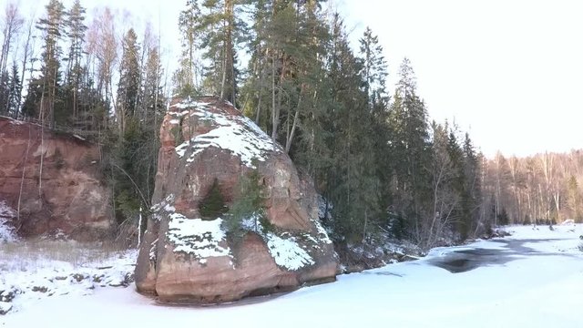 Winter walk along river drone