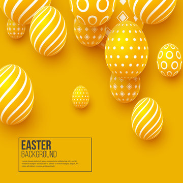 Abstract Easter yellow background. Decorative 3d eggs. Vector illustration.