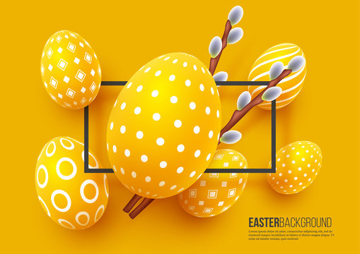 Abstract Easter yellow background. Decorative 3d eggs with frame and willow branches. Vector illustration.