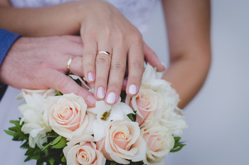 Obraz na płótnie Canvas wedding, bride, bouquet, hands, ring, love, flowers, groom, flower, white, marriage, couple, hand, rings, rose, married, roses, ceremony, celebration, woman, dress, bridal, romance, nuptials, engageme