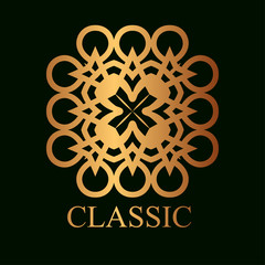 Vintage ornamental golden logo template with text. Vector illustration