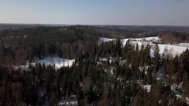 Winter walk along river drone