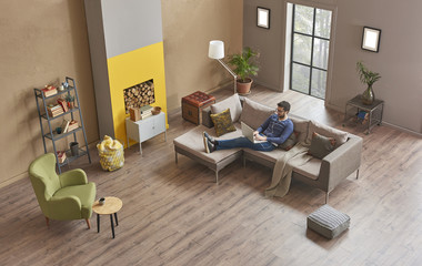 decorative living room and modern grey sofa in the loft house with model.