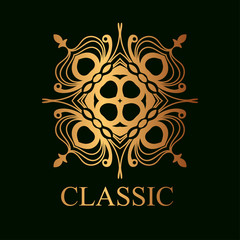 Vintage ornamental golden logo template with text. Vector illustration