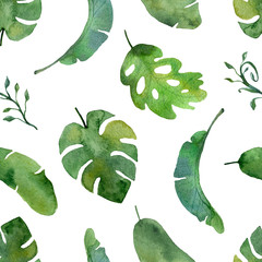 Watercolor green plant pattern on a white background.