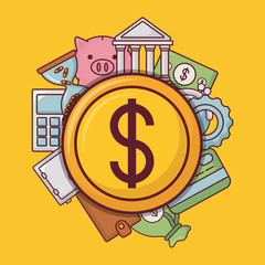 Money coin and related icons around over yellow background, colorful design vector illustration