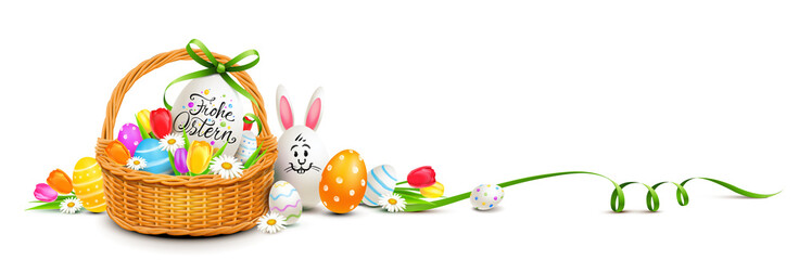 Frohe Ostern - Korb Dekoration mit bunt bemalten Ostereiern, Osterhasen Ei und geschwungenes Band