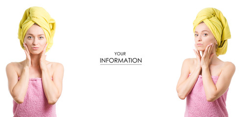 Beautiful young woman in towel after bath with cream in hands set pattern