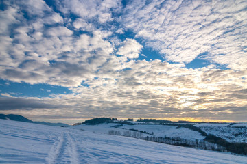 Naklejka na ściany i meble Snowy winter hilly landscape, Slovakia, Europe.