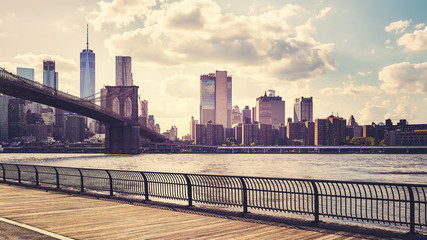 Manhattan seen from Brooklyn at sunset, color toned picture, New York City, USA.