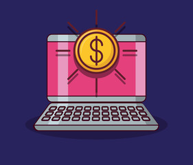 Laptop computer and coin over purple background, colorful design vector illustration
