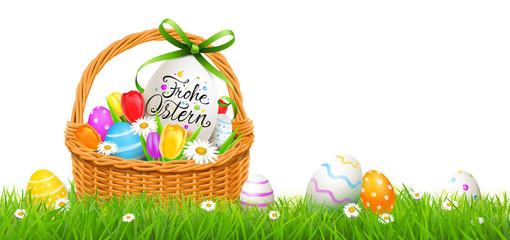 Frohe Ostern Grußkarte Korb - Osterei mit Kalligraphie und bunt bemalten Ostereiern auf Blumenwiese 