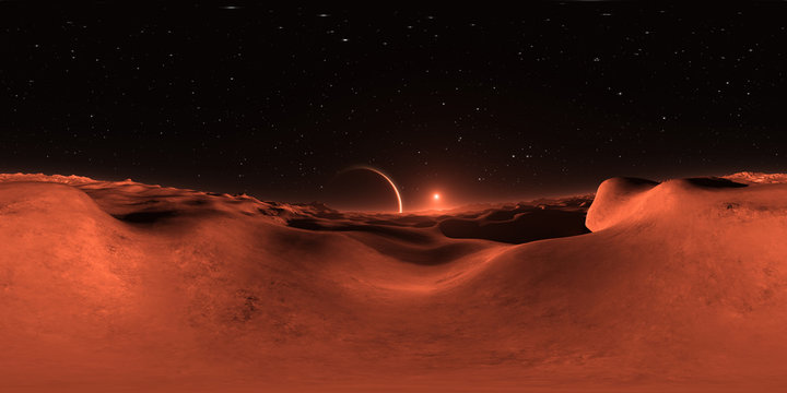 Fototapeta 360 Panorama of Mars-like Exoplanet sunset, environment map. Equirectangular projection, spherical panorama. 3d illustration