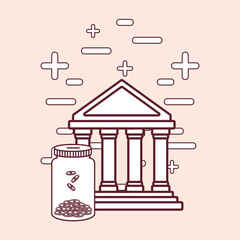 Bank building and money bottle, vector illustration