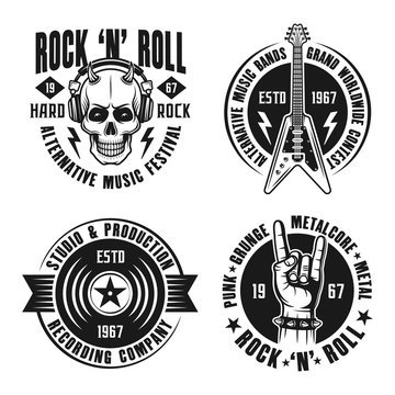 Rock n roll music set of vector emblems, labels, badges and logos in vintage style on white